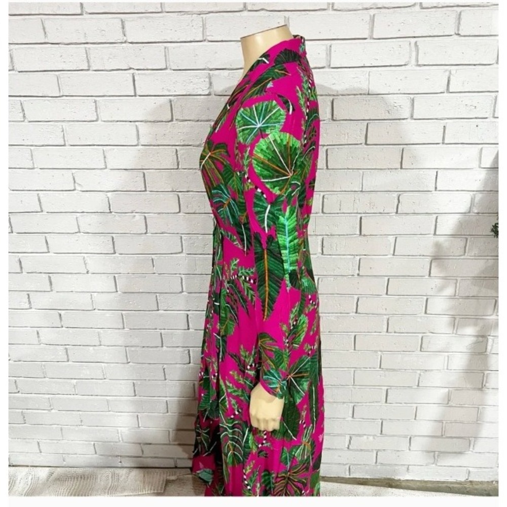 Farm Rio Pink Tropical Leaf Print Deep V-Neck Long Sleeve Maxi Dress Woman - Picture 9 of 14